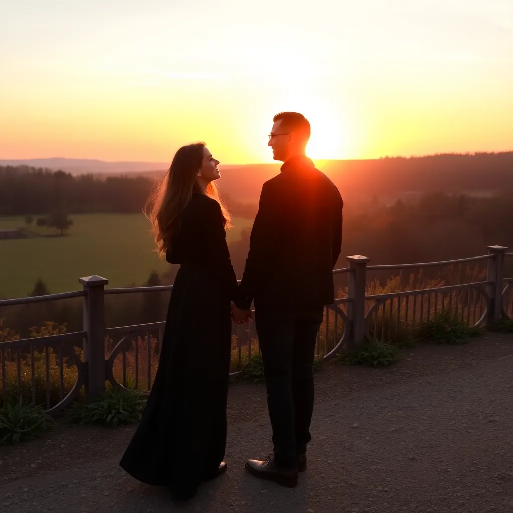 A romantic couple holding hands in a picturesque setting with a sunset in the background